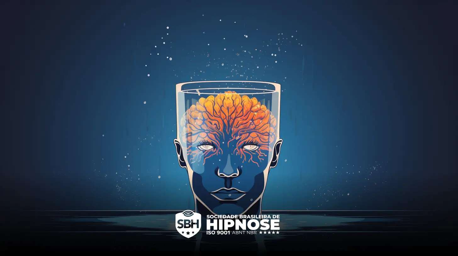 Ilustração de cérebro humano dentro de vidro transparente, com rosto visível no vidro, contra fundo azul escuro com respingos brancos, divulgando a Sociedade Brasileira de Hipnose Paroxetina.
