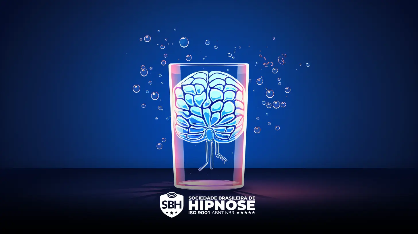 Ilustração do cérebro em azul neon dentro de um smartphone transparente, rodeado por gotículas flutuantes de paroxetina, sobre fundo azul escuro com o logotipo da sociedade brasileira de hipnose.