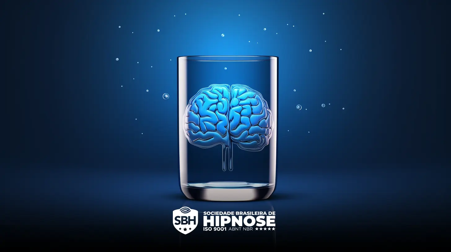 Um copo d'água com miolo azul dentro sobre fundo azul escuro, com logotipo da Sociedade Brasileira de Hipnose e a palavra "paroxetina" na parte inferior.