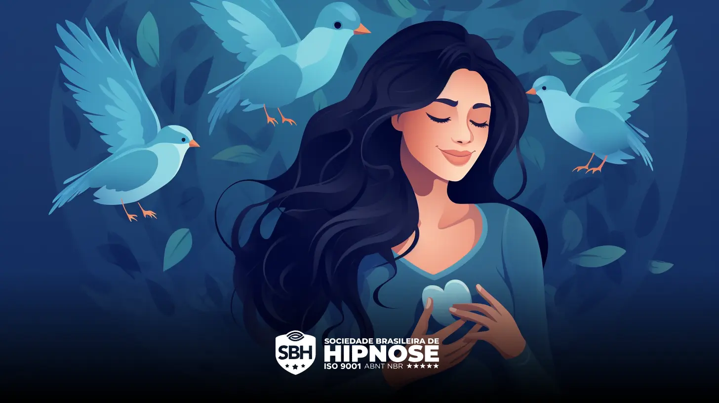Una mujer de largos cabellos oscuros, sonriente, está rodeada por pájaros azules sobre un fondo azul oscuro con un logotipo de la Sociedad Brasileña de Hipnosis con la inscripción "Acepto, agradezco,