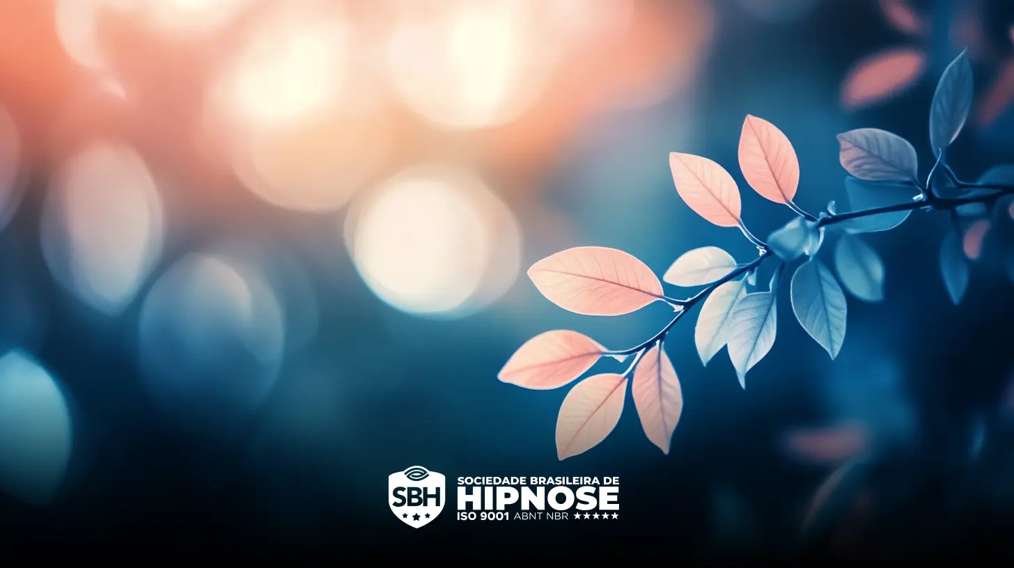 Um galho com folhas em tons pastéis é mostrado contra um fundo desfocado de luzes bokeh. O logotipo e o nome da Sociedade Brasileira de Hipnose são visíveis na parte inferior.