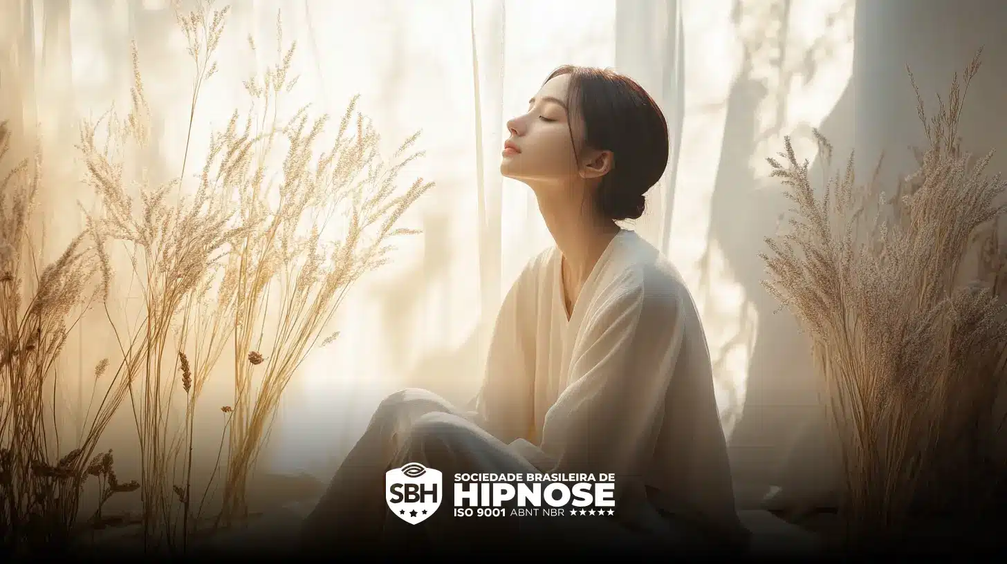 Uma mulher está sentada em uma postura relaxada em meio a gramas altas, com a luz do sol filtrando. O logotipo e o texto da "Sociedade Brasileira de Hipnose ISO 9001 ABNT NBR ★★★★★" estão presentes na parte inferior.