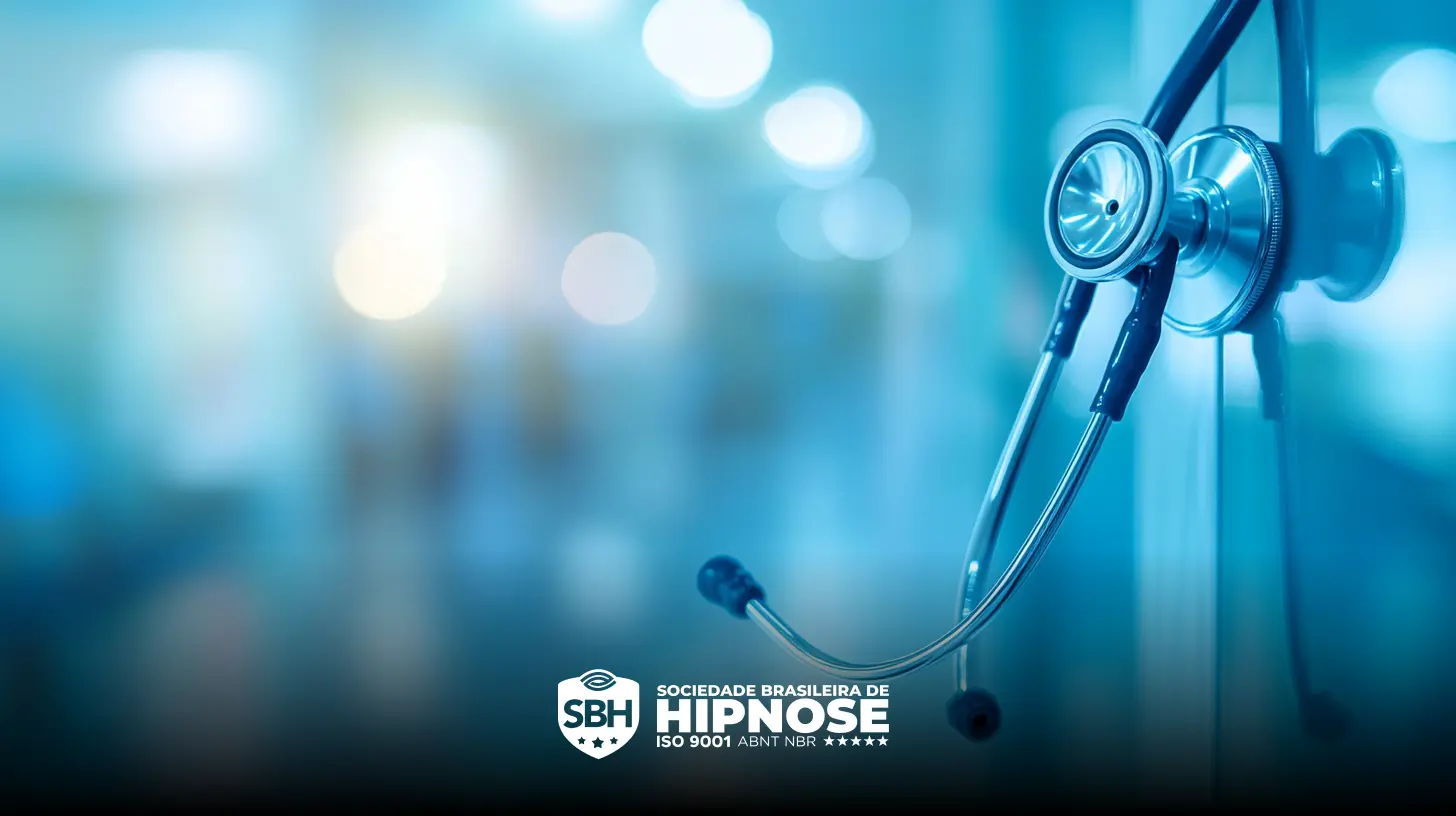 Um estetoscópio pendurado na parede, com o logotipo e o texto "Sociedade Brasileira de Hipnose" visíveis na parte inferior. O fundo está desfocado, apresentando iluminação em tons de azul.