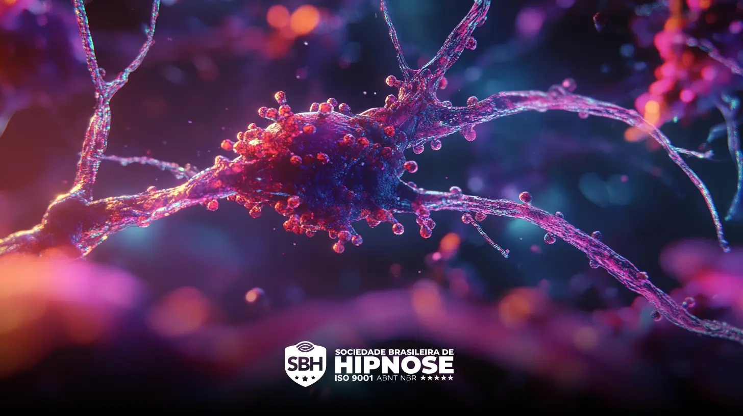Uma rede complexa de células neurais banhadas em vibrantes tons de azul e rosa com o logotipo da "Sociedade Brasileira de Hipnose" na parte inferior.