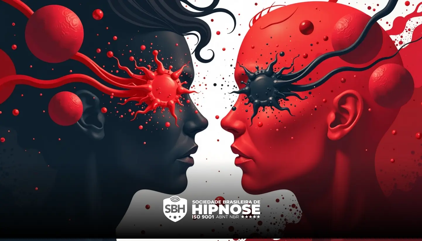 Duas faces abstratas, uma preta com detalhes em vermelho e uma vermelha com detalhes em preto, se encaram com padrões espirais e salpicados. O texto diz "Sociedade Brasileira de Hipnose.