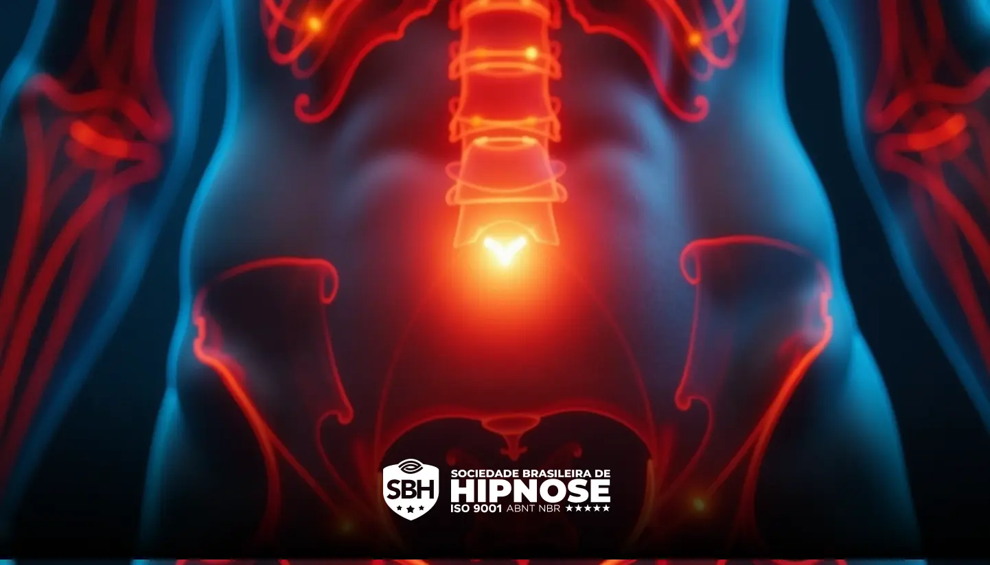 Ilustração de um torso humano inferior destacando a coluna e a área do quadril com efeitos brilhantes vermelhos e laranja. O logotipo da "Sociedade Brasileira de Hipnose" está na parte inferior.