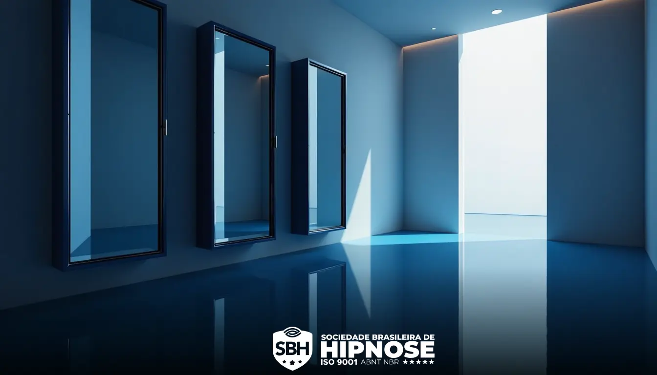 Um corredor moderno com três grandes espelhos na parede esquerda. O piso é brilhante e reflexivo, e a luz entra por uma janela no final. Logotipo da Sociedade Brasileira de Hipnose na parte inferior.