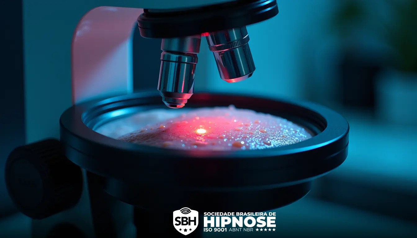 Close-up de um microscópio examinando uma amostra, com uma luz vermelha iluminando o espécime. O microscópio é rotulado com "Sociedade Brasileira de Hipnose" na parte inferior.
