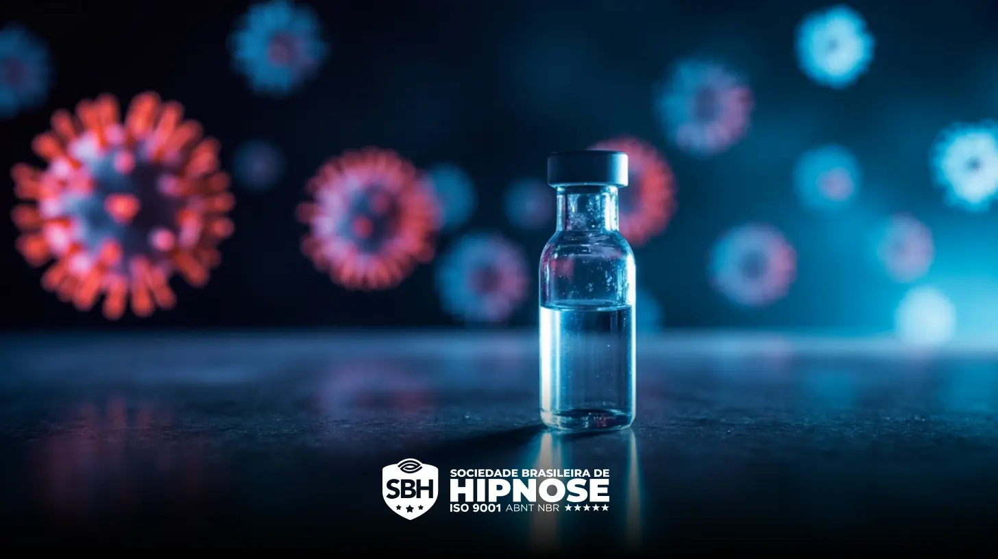 Um frasco de líquido transparente é colocado em uma superfície refletora, com partículas de vírus ilustradas embaçadas no fundo. O logotipo da Sociedade Brasileira de Hipnose está na parte inferior.