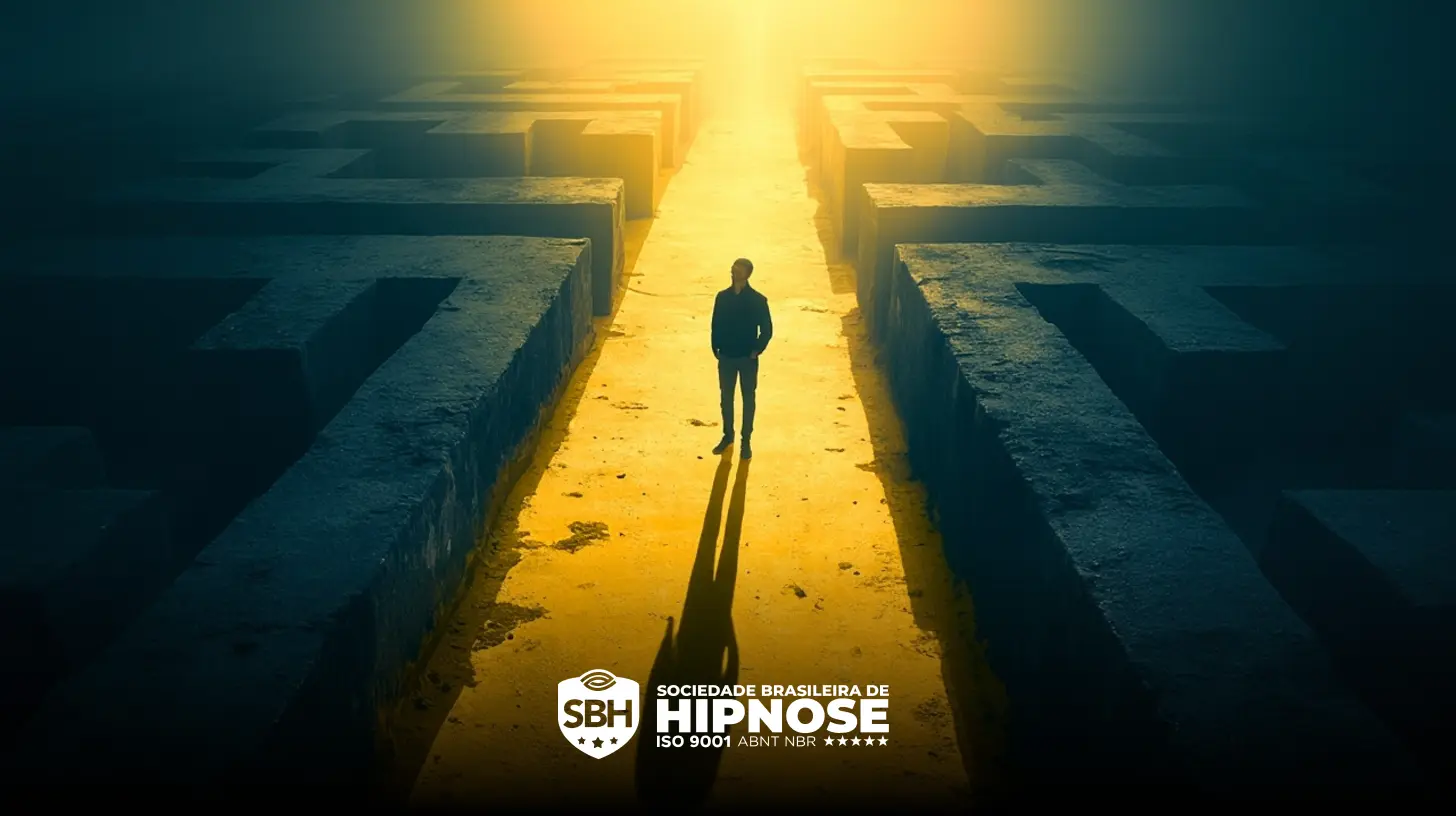 Uma pessoa está em um caminho iluminado no centro de um labirinto escuro, com o logotipo e o nome da Sociedade Brasileira de Hipnose na parte inferior.