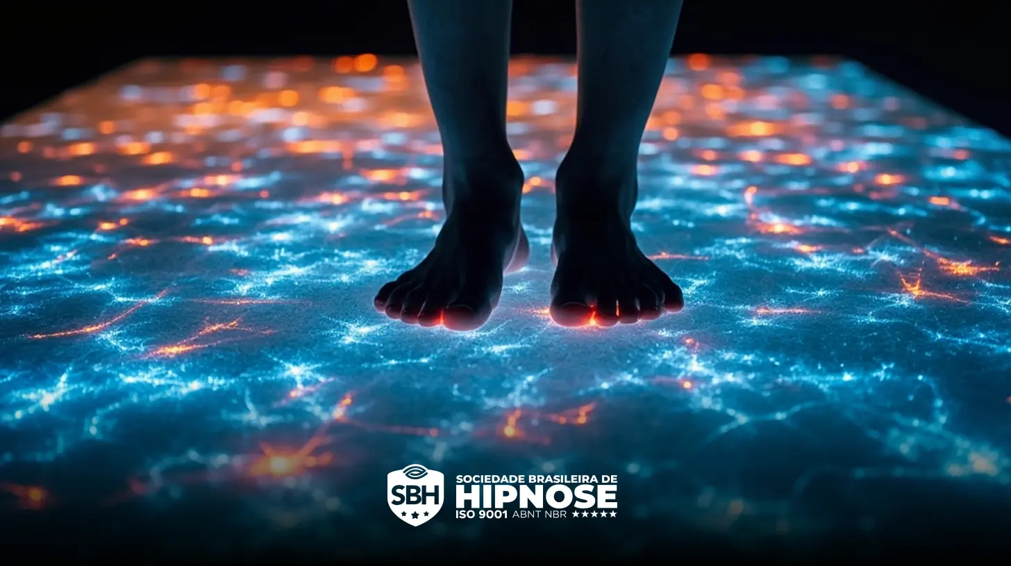 Pés descalços em uma superfície iluminada com padrões brilhantes em azul e laranja; um logotipo da Sociedade Brasileira de Hipnose aparece na parte inferior.
