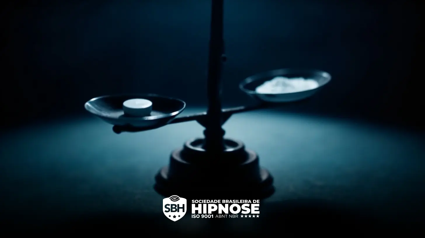 Uma balança com um comprimido em um lado e um pó branco no outro, em um fundo escuro. O logotipo e o texto na parte inferior dizem "Sociedade Brasileira de Hipnose".