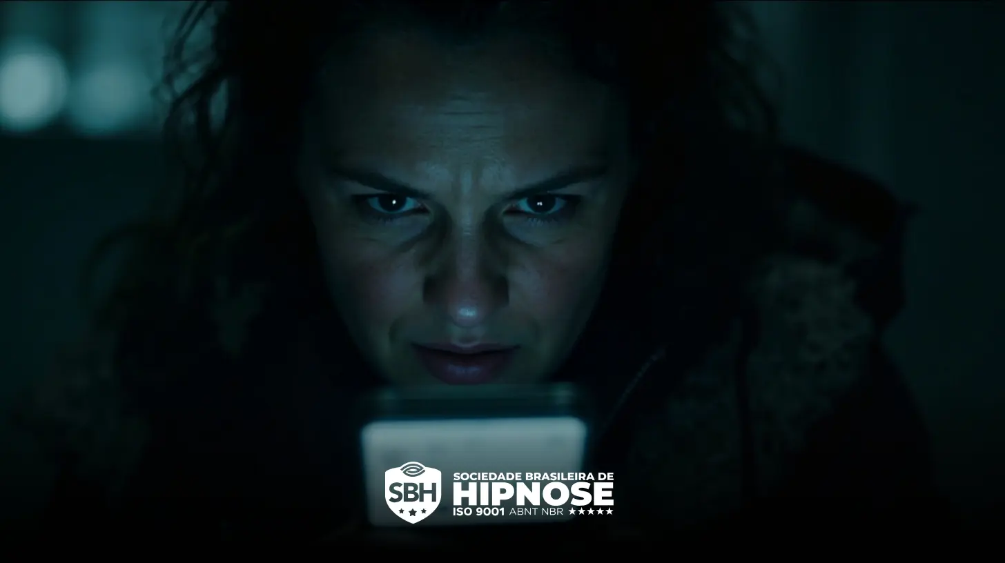 Uma pessoa olha atentamente para um smartphone em um ambiente pouco iluminado. O logotipo da Sociedade Brasileira de Hipnose aparece na parte inferior da imagem.