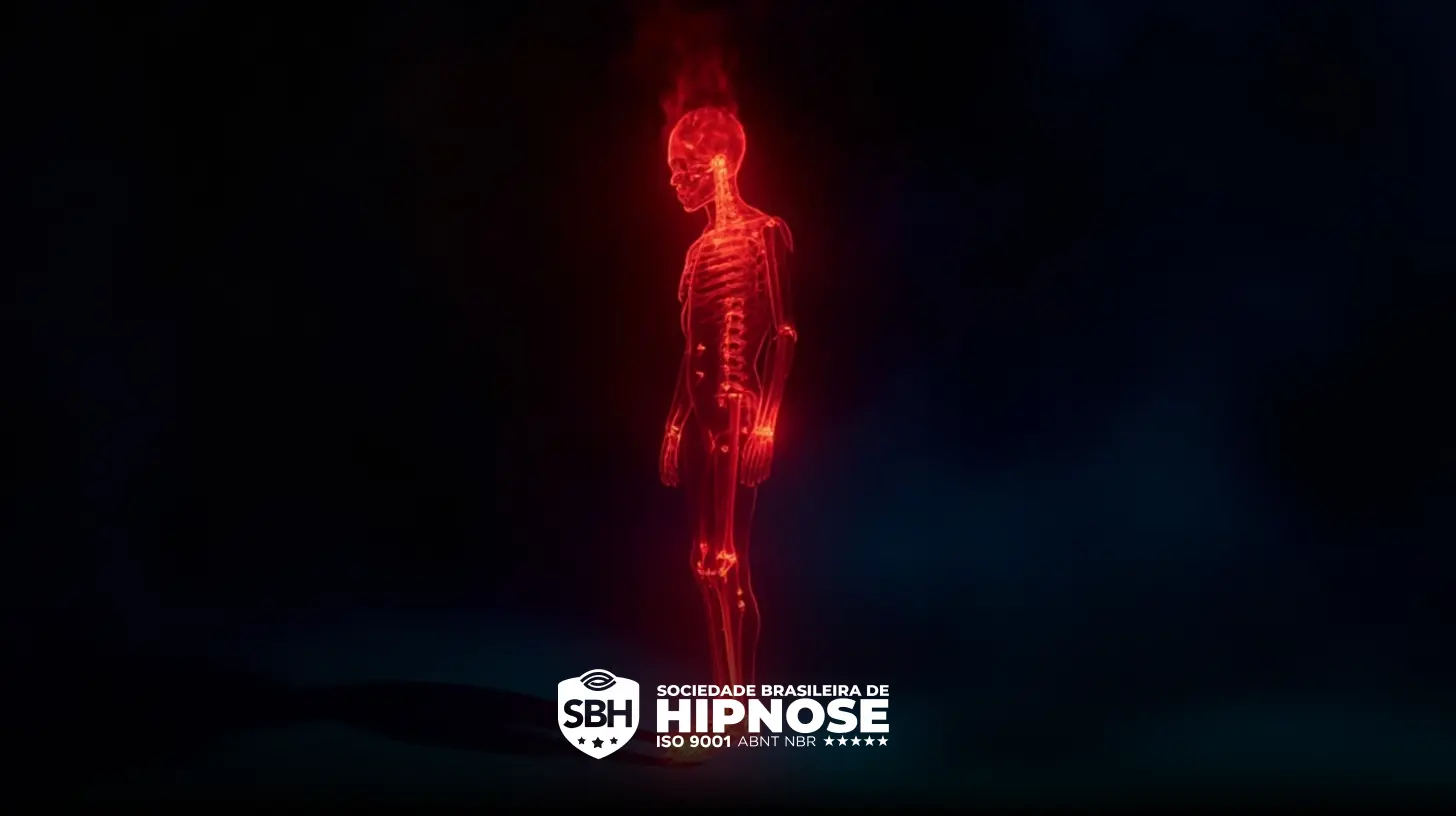 Uma figura humana vermelha brilhante e translúcida com ossos visíveis está de pé em um fundo escuro. O logotipo da Sociedade Brasileira de Hipnose está na parte inferior.