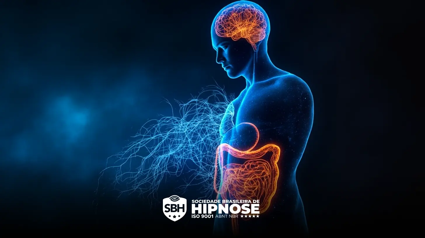 Ilustração digital de uma figura humana mostrando o cérebro e o sistema digestivo em laranja, com conexões neurais e um logotipo da Sociedade Brasileira de Hipnose na parte inferior.