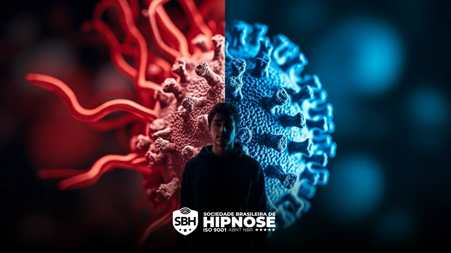 Uma pessoa em frente a um fundo dividido entre representações vermelhas e azuis de um vírus, com o logotipo e o nome "Sociedade Brasileira de Hipnose" na parte inferior.