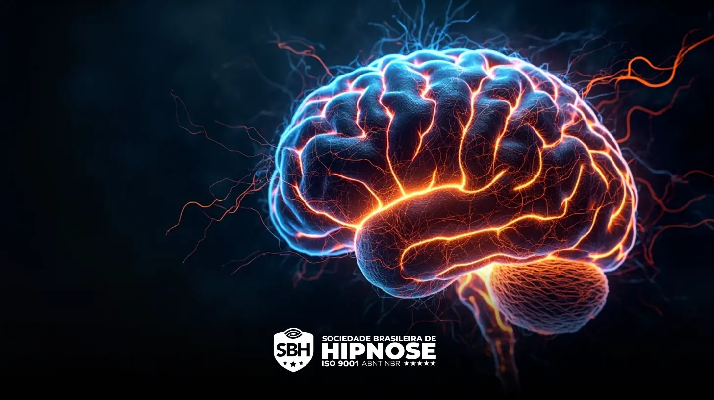 Uma ilustração digital de um cérebro humano com linhas elétricas brilhantes, exibindo o logotipo da Sociedade Brasileira de Hipnose na parte inferior.