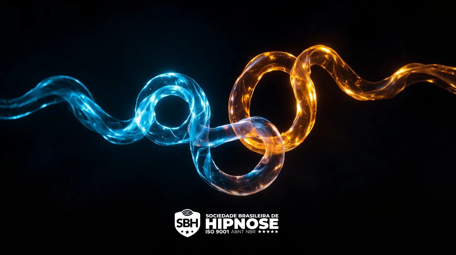Dois tubos brilhantes entrelaçados, um azul e um laranja, em um fundo escuro com o logotipo e o nome da Sociedade Brasileira de Hipnose na parte inferior.