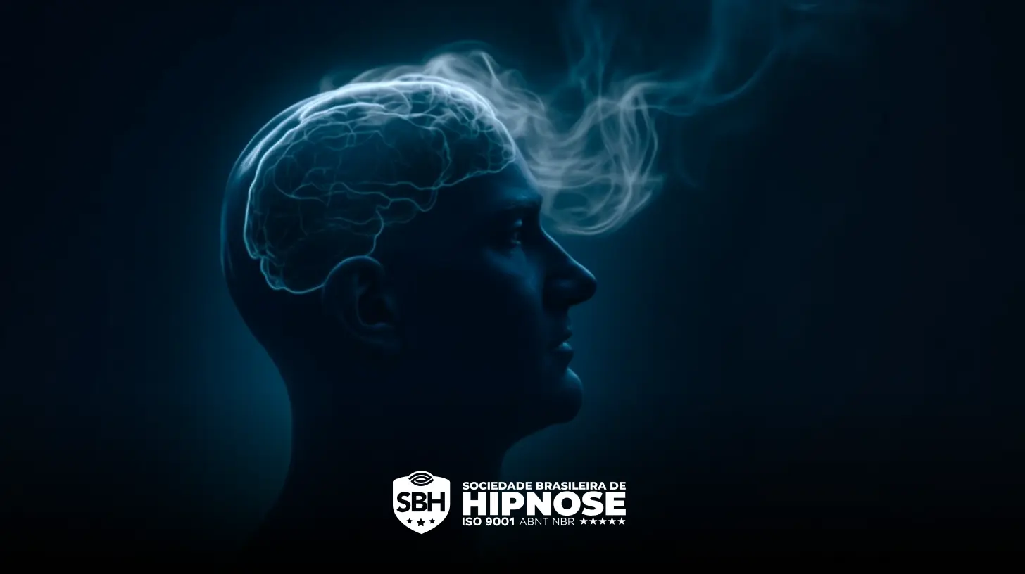 Perfil lateral de uma cabeça humana com um cérebro brilhante e feixes de fumaça subindo, em um fundo escuro. O logotipo e o texto na parte inferior dizem "Sociedade Brasileira de Hipnose".
