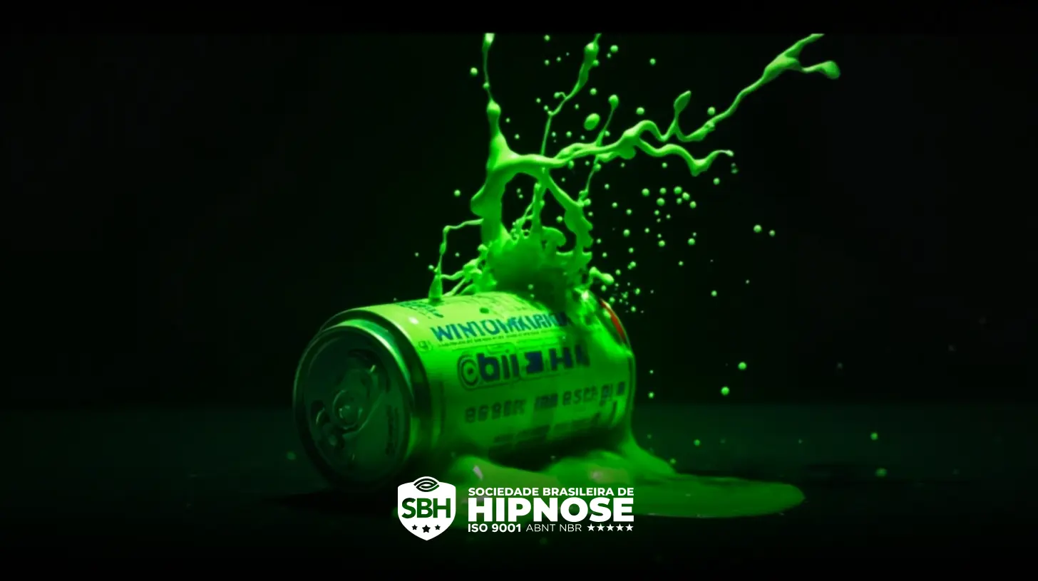Uma lata de refrigerante verde pulveriza um líquido verde brilhante para cima em um fundo escuro, com o logotipo e o texto da Sociedade Brasileira de Hipnose exibidos abaixo.