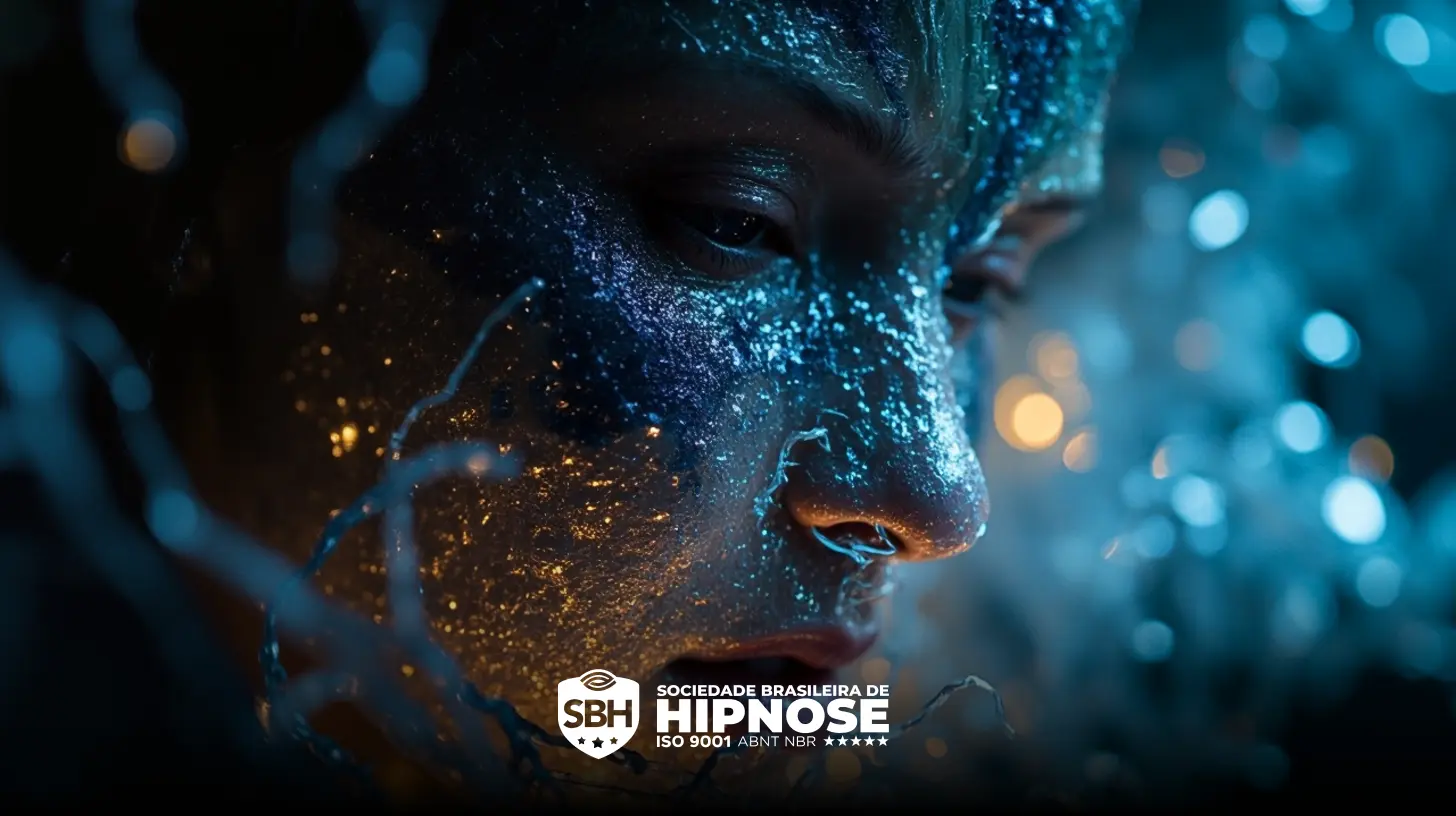 Um close-up do rosto de uma pessoa com maquiagem azul e dourada com glitter, cercado por luzes abstratas e desfocadas. O logotipo e o texto da Sociedade Brasileira de Hipnose aparecem na parte inferior.