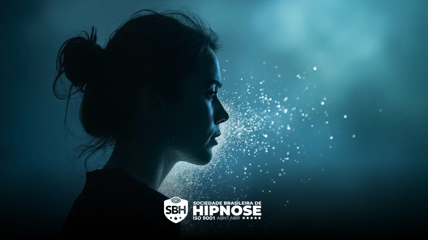 Uma mulher de perfil exala partículas visíveis em um ambiente escuro e com iluminação azul. O logotipo da Sociedade Brasileira de Hipnose aparece na parte inferior da imagem.