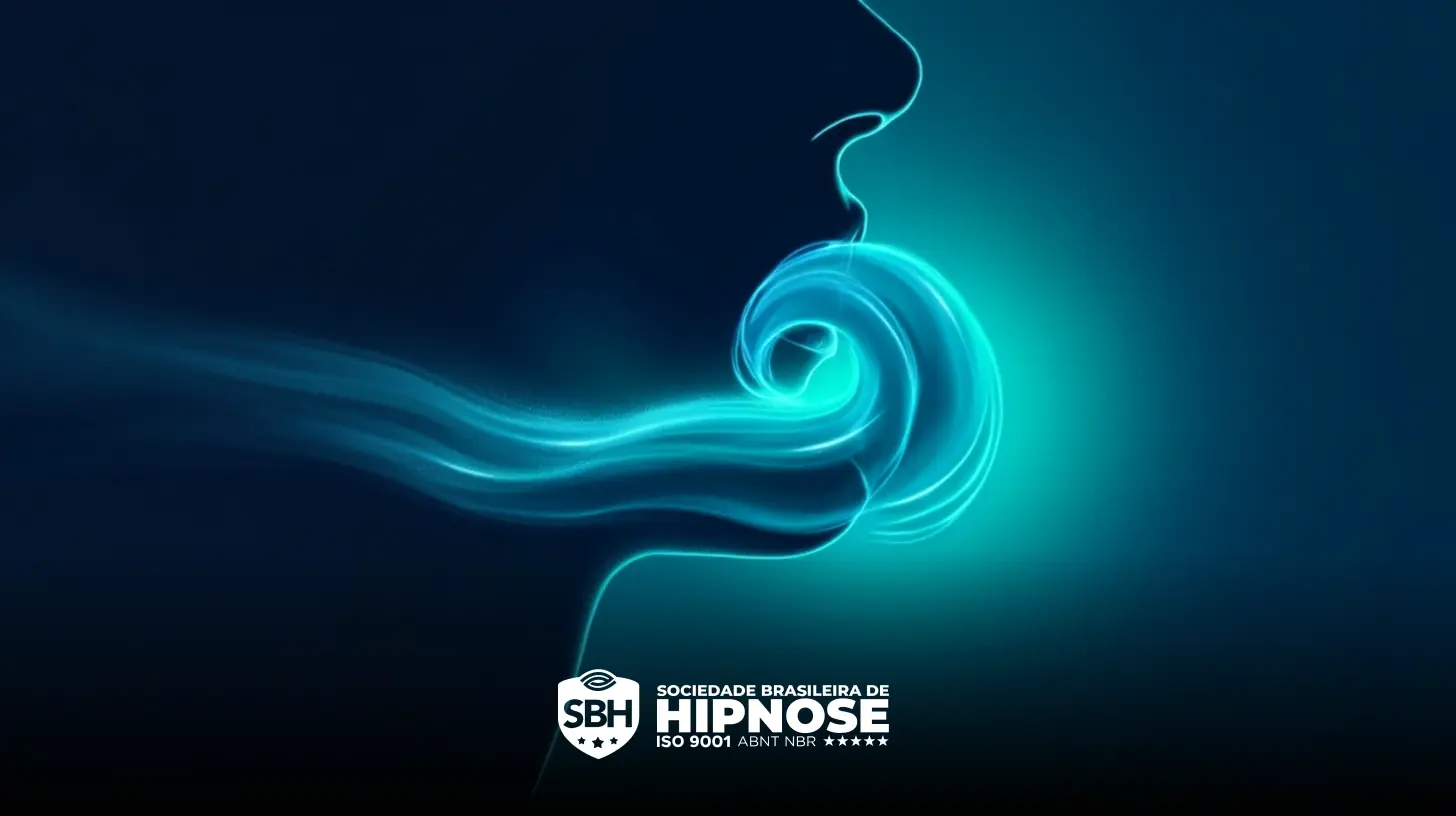 Ilustração abstrata de um perfil humano com luz azul e rodopiante saindo da boca; o logotipo da Sociedade Brasileira de Hipnose aparece na parte inferior.