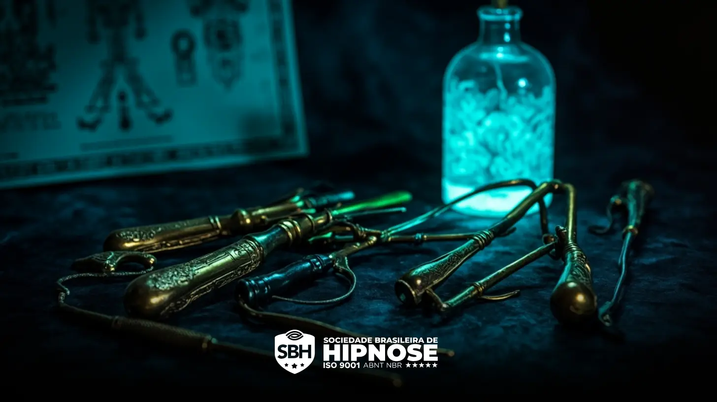 Uma coleção de instrumentos médicos antigos de latão e um frasco de vidro brilhante são exibidos em uma superfície escura, com um diagrama ao fundo e o logotipo da Sociedade Brasileira de Hipnose na frente.