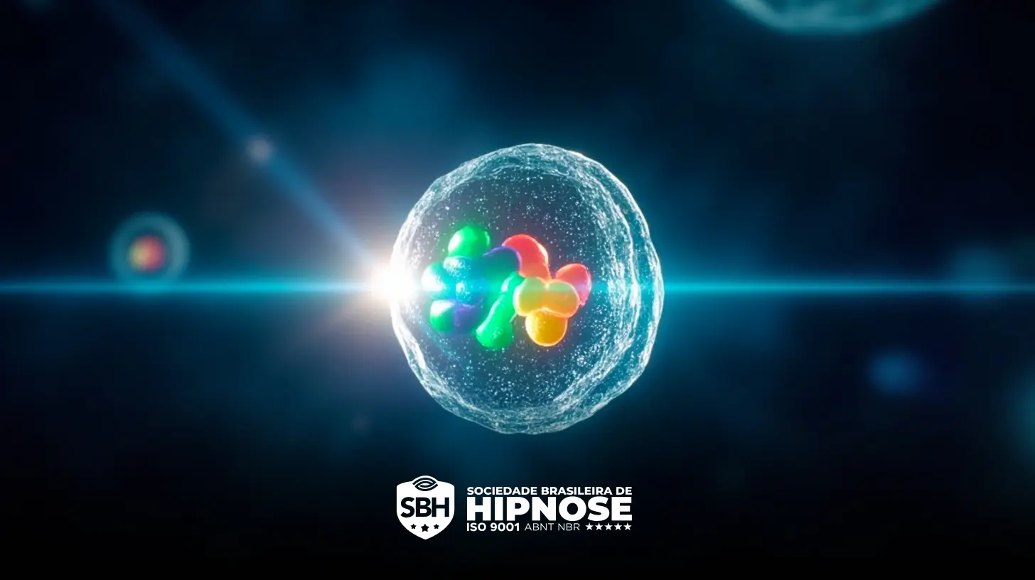 Uma renderização digital de uma estrutura atômica ou molecular colorida dentro de uma esfera transparente com um efeito de luz brilhante; logotipo da Sociedade Brasileira de Hipnose na parte inferior.