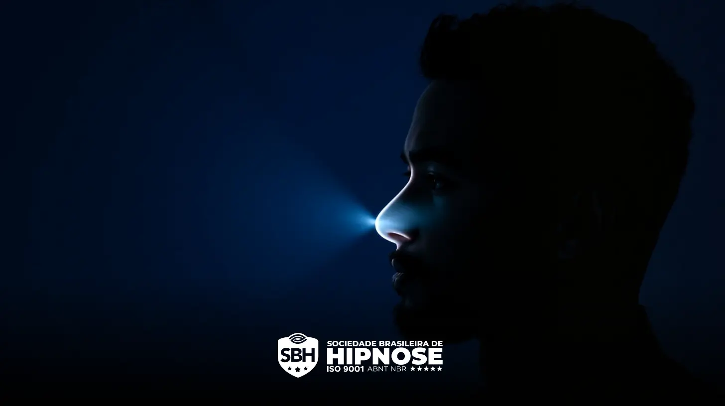 O perfil lateral de um homem é iluminado por um feixe de luz azul que sai de seu nariz, com o logotipo da Sociedade Brasileira de Hipnose na parte inferior.