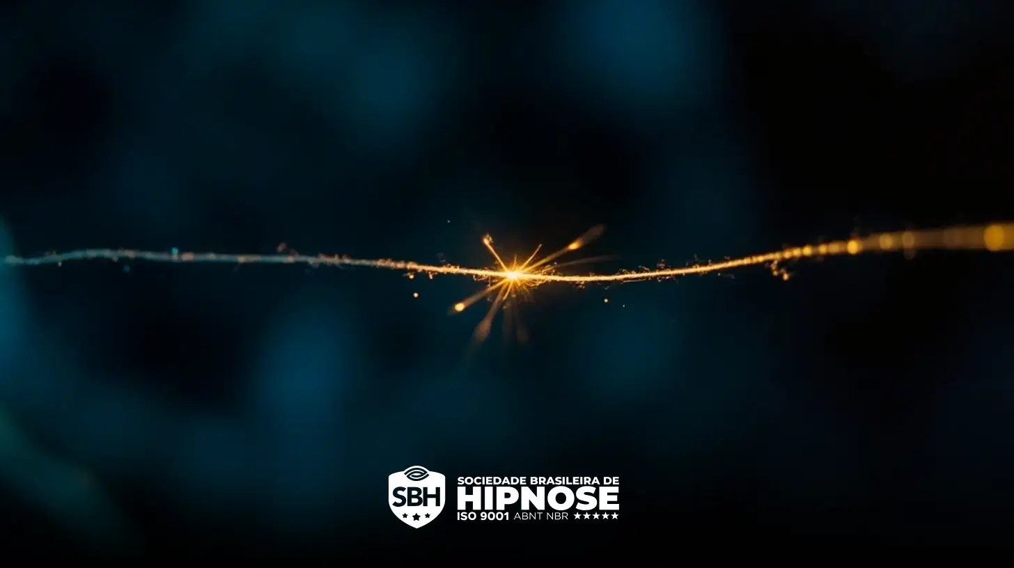 Um close-up de uma faísca acendendo em um fio fino contra um fundo escuro desfocado, com o logotipo e o texto da Sociedade Brasileira de Hipnose na parte inferior.