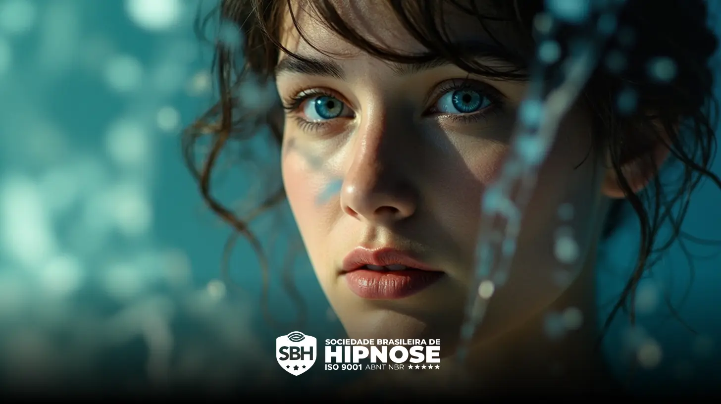 Uma jovem com olhos azuis olha para frente, cercada por uma luz suave e fora de foco. O logotipo da Sociedade Brasileira de Hipnose aparece na parte inferior da imagem.