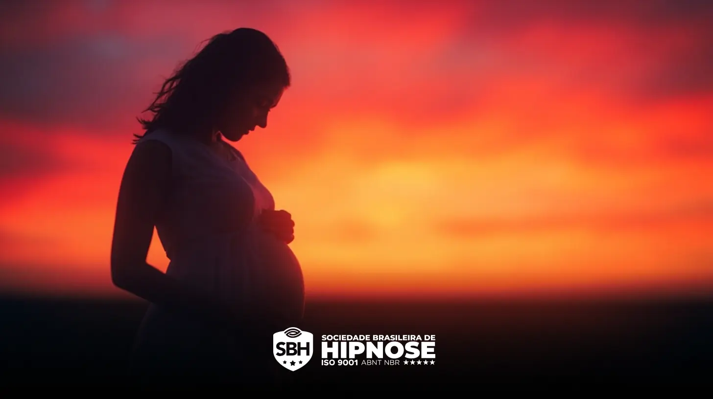 Silhueta de uma mulher grávida ao ar livre durante o pôr do sol, com um céu laranja e vermelho vivo e o logotipo da Sociedade Brasileira de Hipnose na parte inferior.