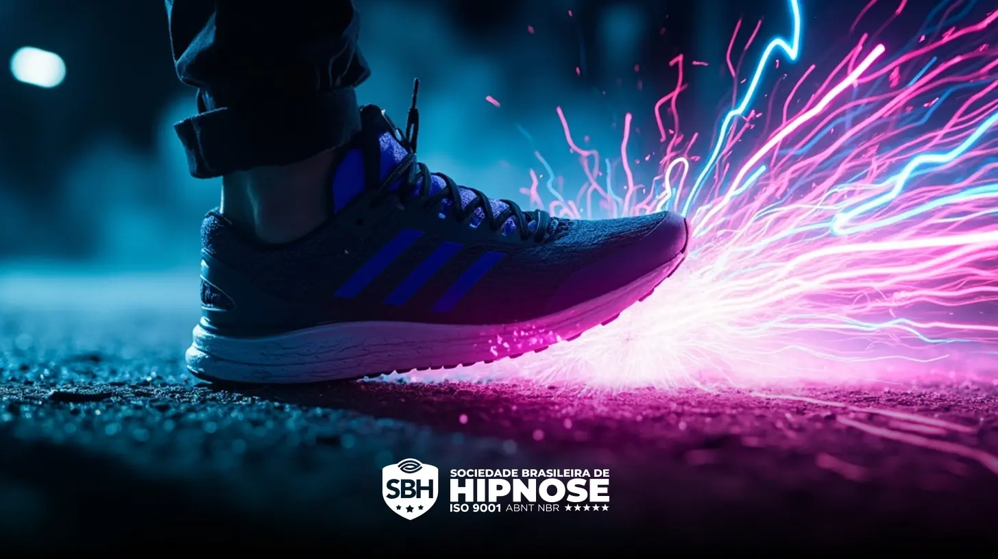 Um close-up de uma pessoa usando um tênis de corrida com luzes de neon e faíscas cor-de-rosa que emanam do chão, com o logotipo da Sociedade Brasileira de Hipnose na parte inferior.