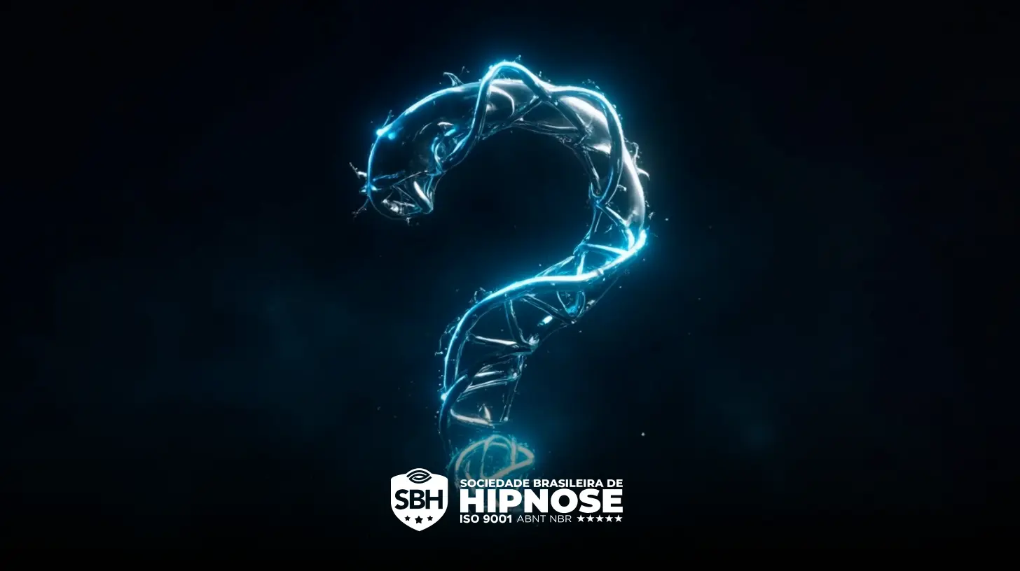 Um ponto de interrogação brilhante e futurista com detalhes elétricos azuis aparece acima do logotipo da Sociedade Brasileira de Hipnose em um fundo escuro.