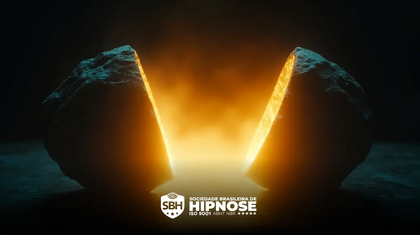 Uma luz brilhante emerge do centro de uma rocha escura dividida em duas, com o logotipo e o texto da Sociedade Brasileira de Hipnose na parte inferior.