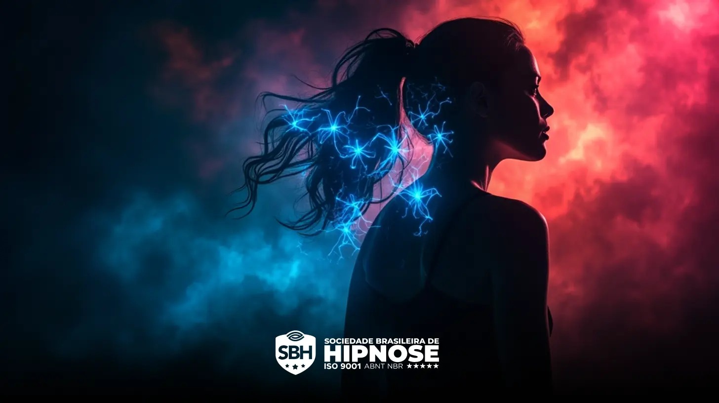 Silhueta de uma mulher com padrões neurais elétricos azuis ao redor da cabeça, em um fundo azul e vermelho esfumaçado. O logotipo da "Sociedade Brasileira de Hipnose" está na parte inferior.