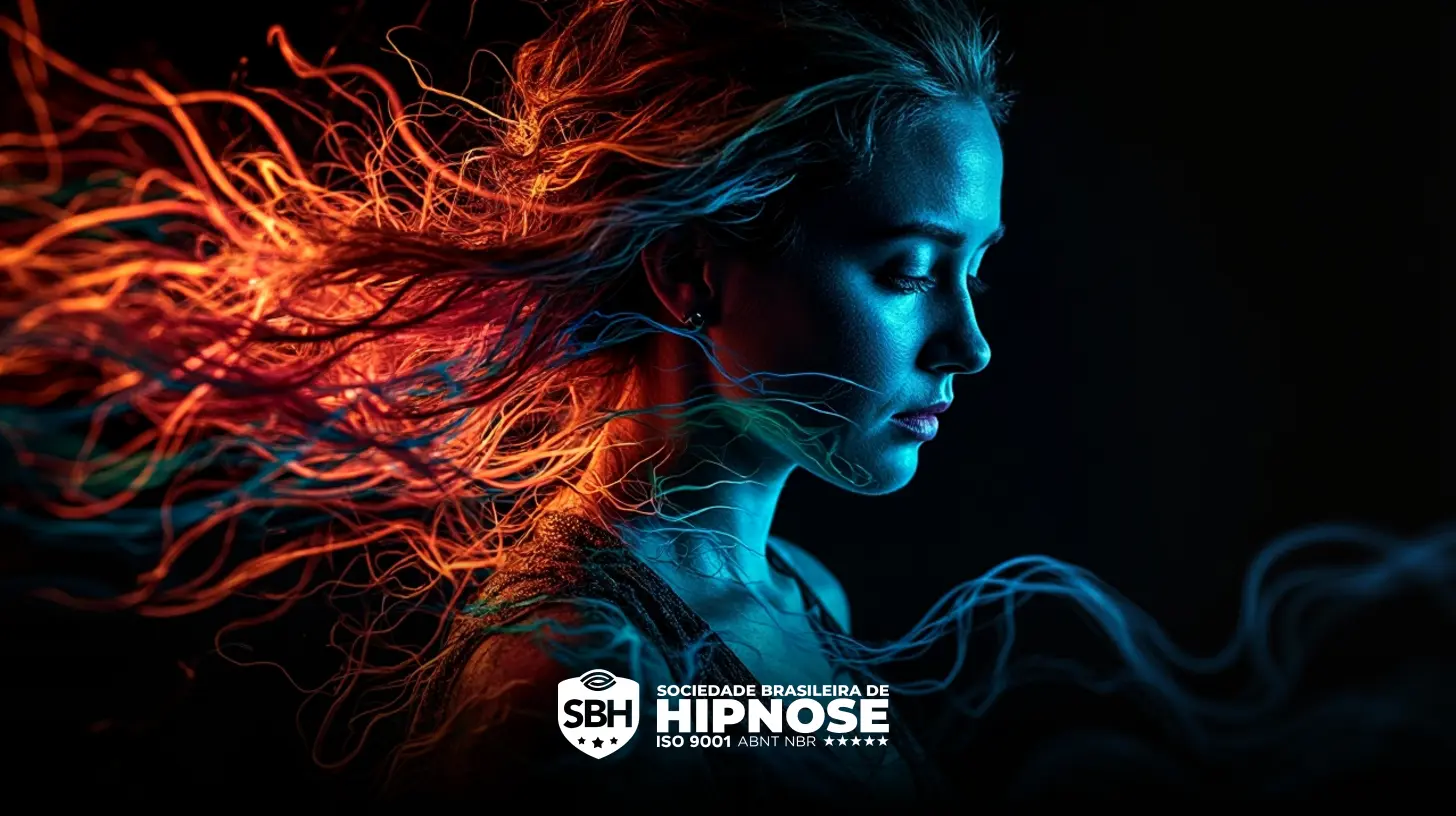 Uma mulher de perfil com mechas coloridas e claras saindo de seu cabelo, em um fundo escuro. O logotipo da "Sociedade Brasileira de Hipnose" está na parte inferior.