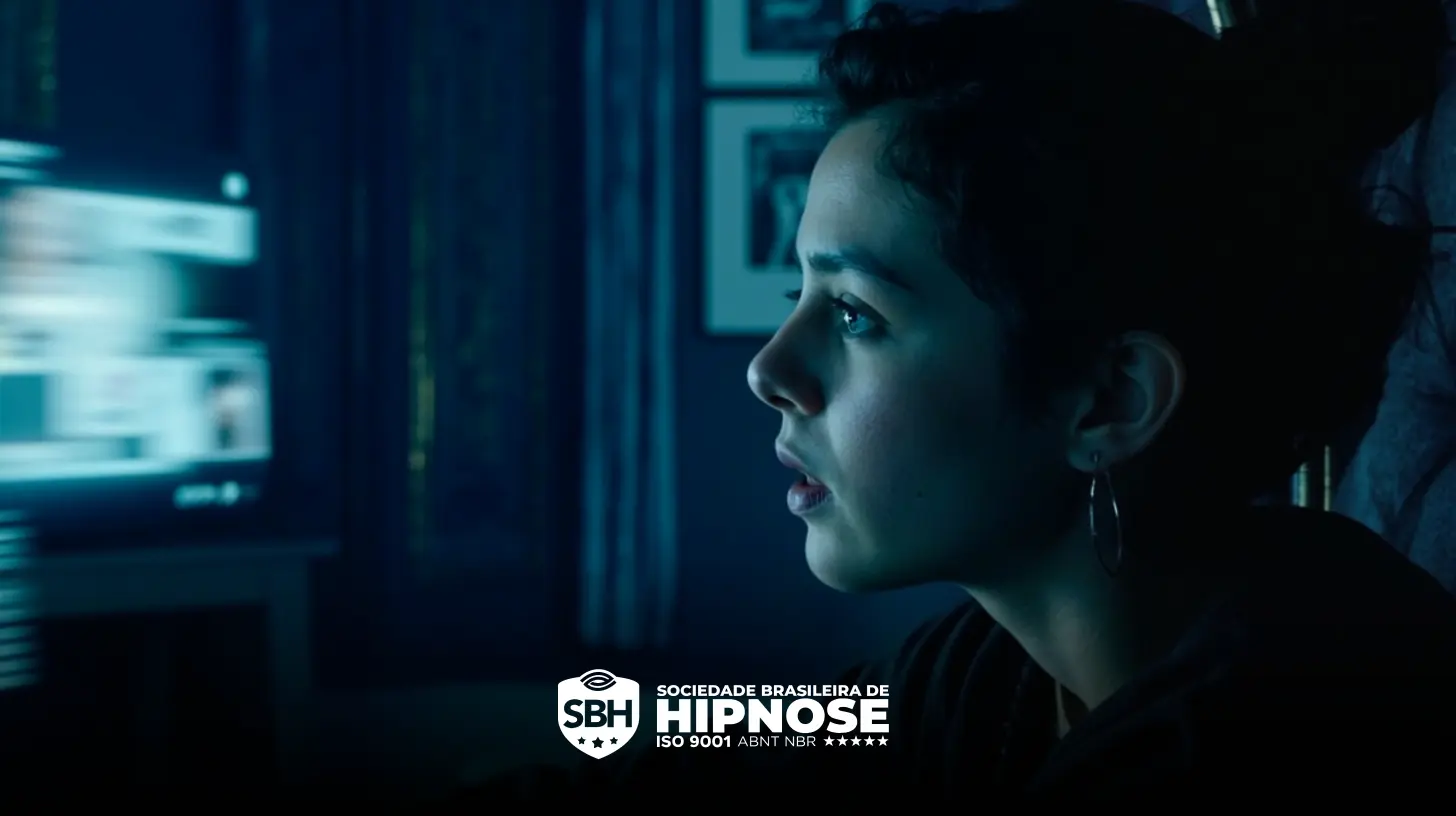 Uma pessoa com cabelo curto e escuro olha atentamente para uma tela de computador brilhante em uma sala pouco iluminada. O logotipo "Sociedade Brasileira de Hipnose" aparece na parte inferior.