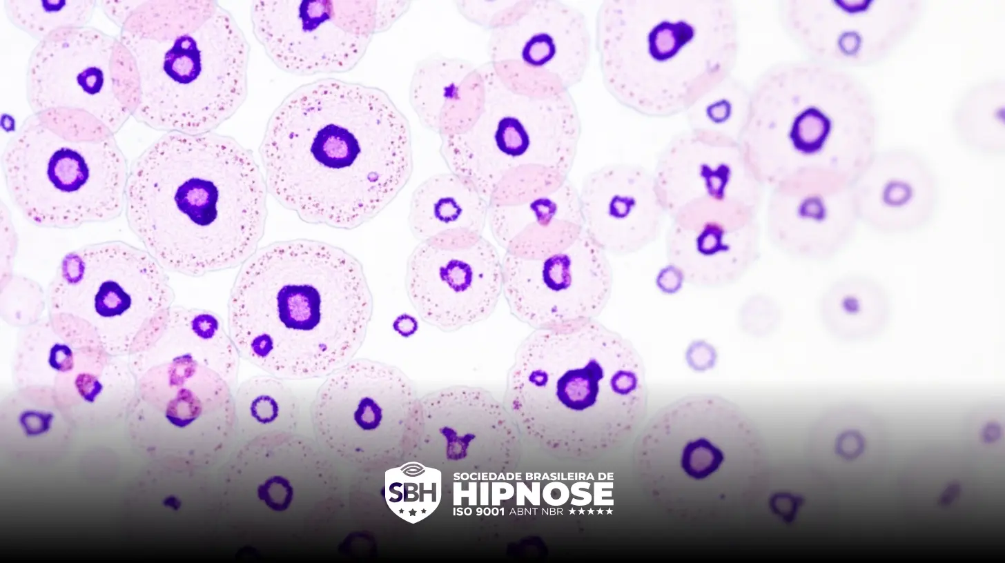 Visão microscópica de células coradas com núcleos proeminentes, mostrados em tons de roxo e rosa. O logotipo da "Sociedade Brasileira de Hipnose" é exibido na parte inferior.