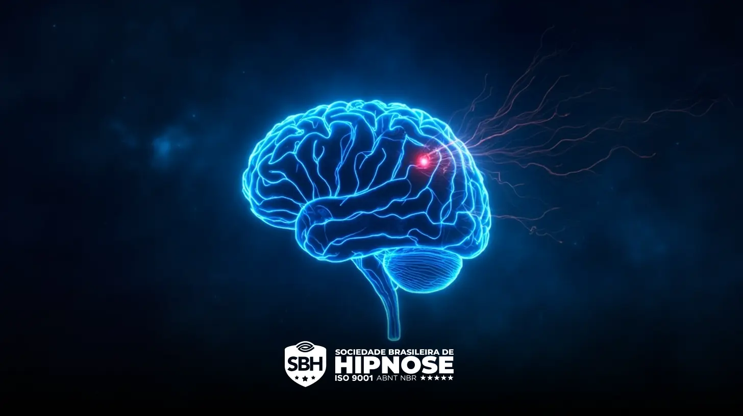Uma ilustração digital azul brilhante de um cérebro humano com atividade neural destacada e o logotipo da Sociedade Brasileira de Hipnose na parte inferior.