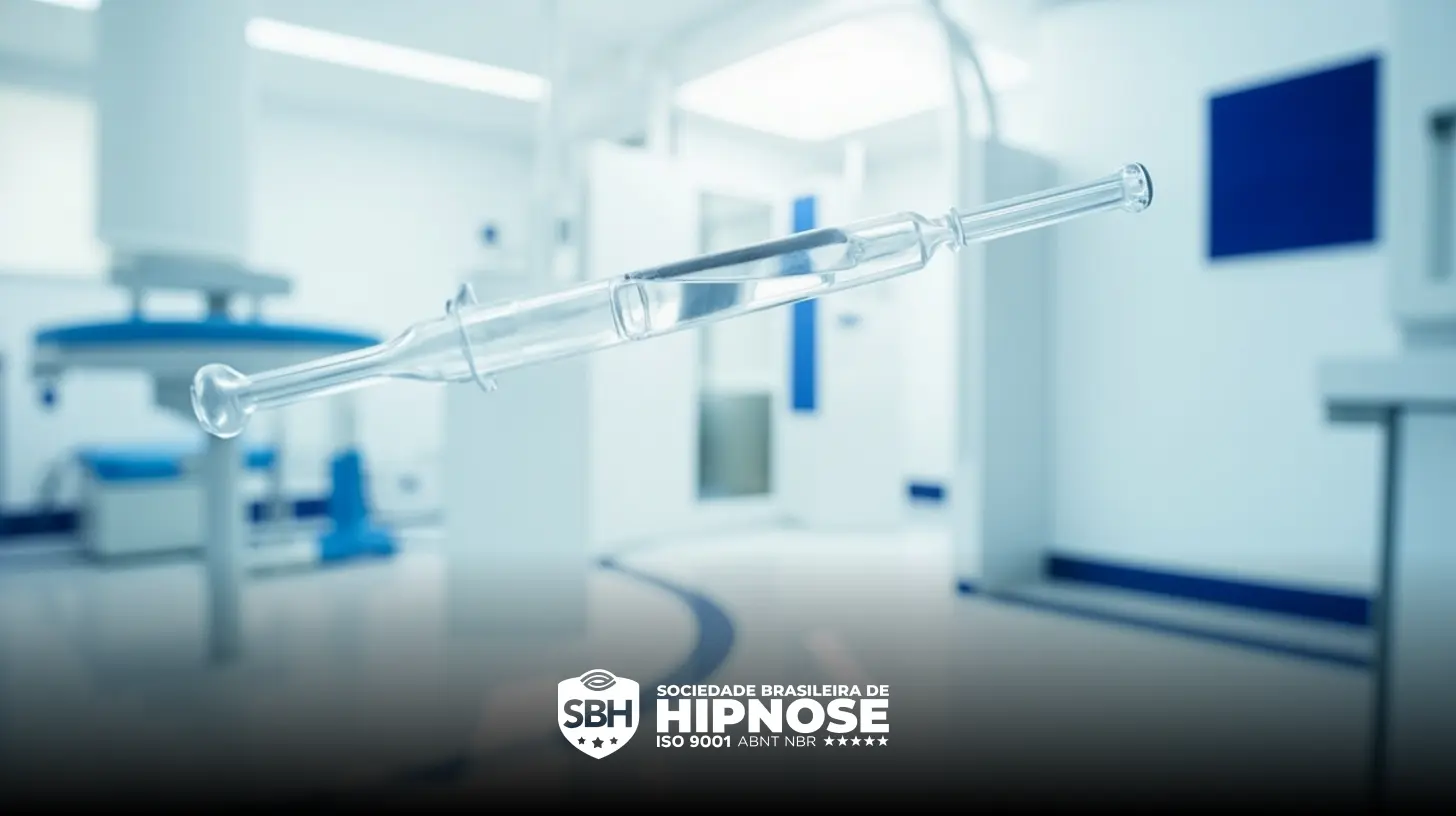 Uma ampola de vidro transparente flutua em uma sala médica moderna e bem iluminada; o logotipo da Sociedade Brasileira de Hipnose aparece na parte inferior.