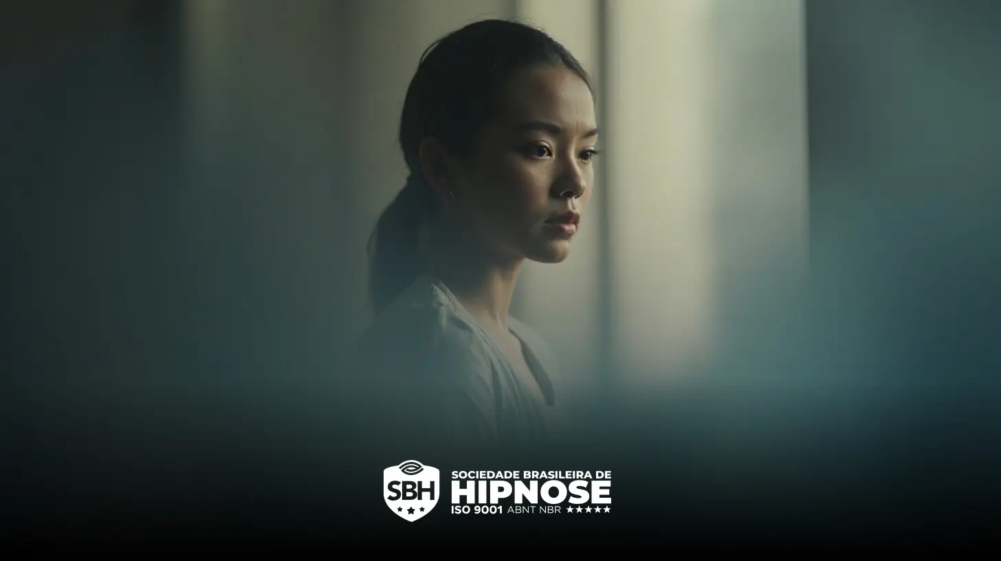 Uma mulher olha pensativamente para a distância, parcialmente obscurecida por um borrão azulado, com o logotipo da Sociedade Brasileira de Hipnose na parte inferior.