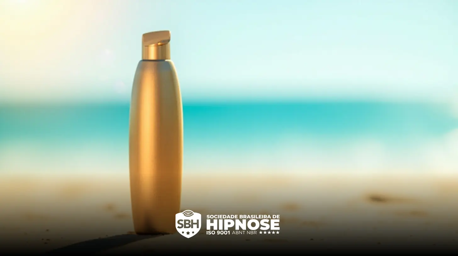 Uma garrafa dourada em pé em uma praia de areia com o oceano e o céu desfocados ao fundo. O logotipo da SBH Hipnose aparece na parte inferior.