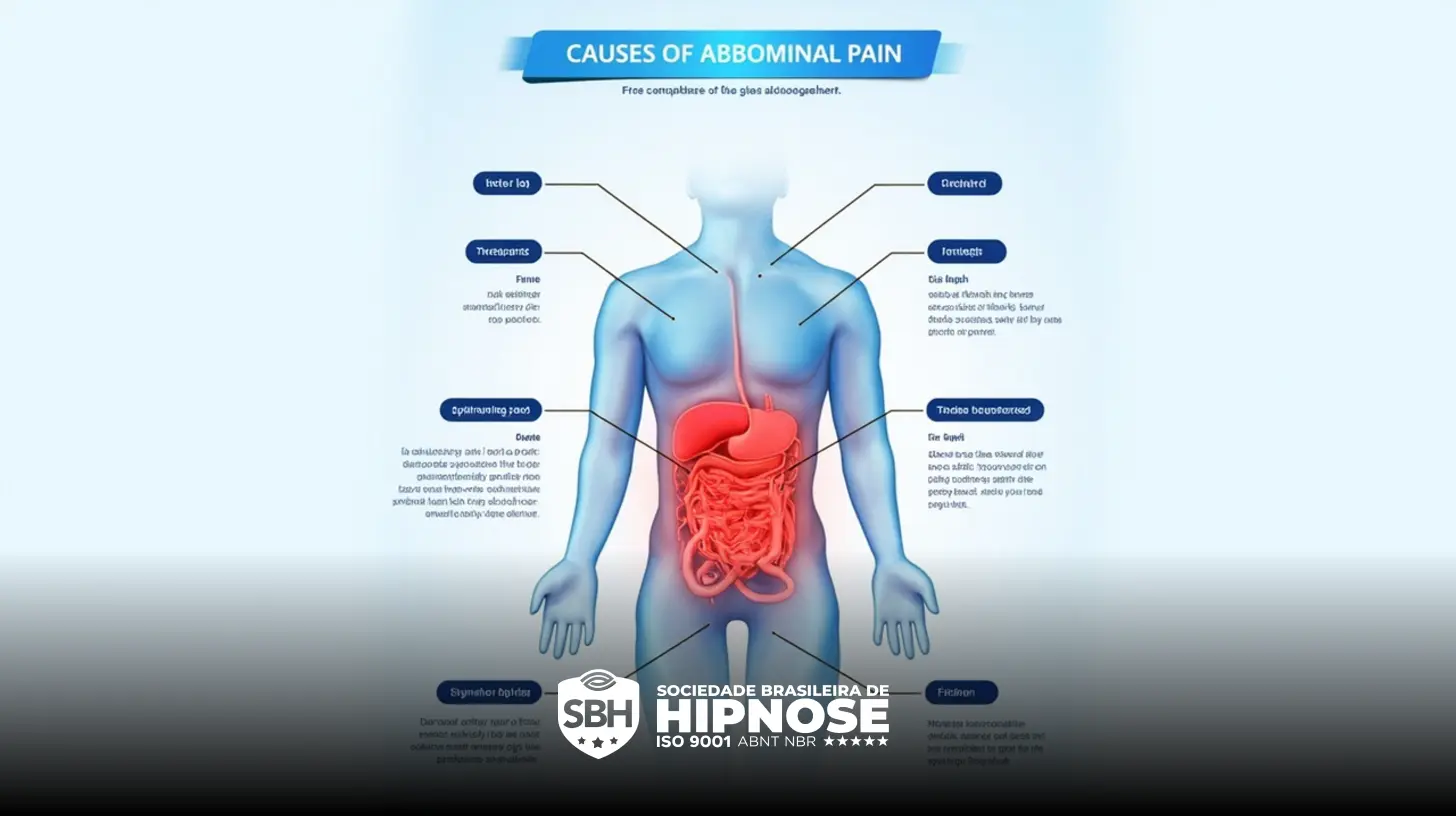 Diagrama de um torso humano destacando os órgãos abdominais com causas rotuladas de dor abdominal, incluindo úlceras, gastrite, infecções e distúrbios digestivos.