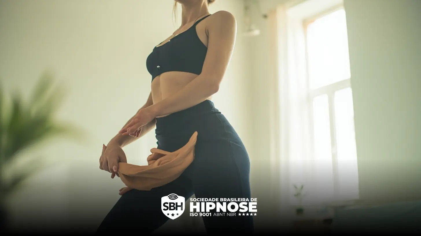 Mulher em roupas de ginástica em um ambiente fechado perto de uma janela, segurando uma toalha na cintura. O logotipo da Sociedade Brasileira de Hipnose pode ser visto na parte inferior da imagem.