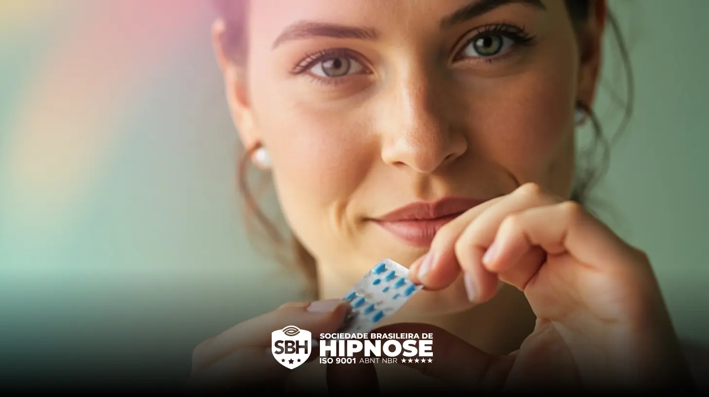 Uma mulher segura e abre uma embalagem blister de comprimidos. O logotipo da Sociedade Brasileira de Hipnose aparece na parte inferior da imagem.