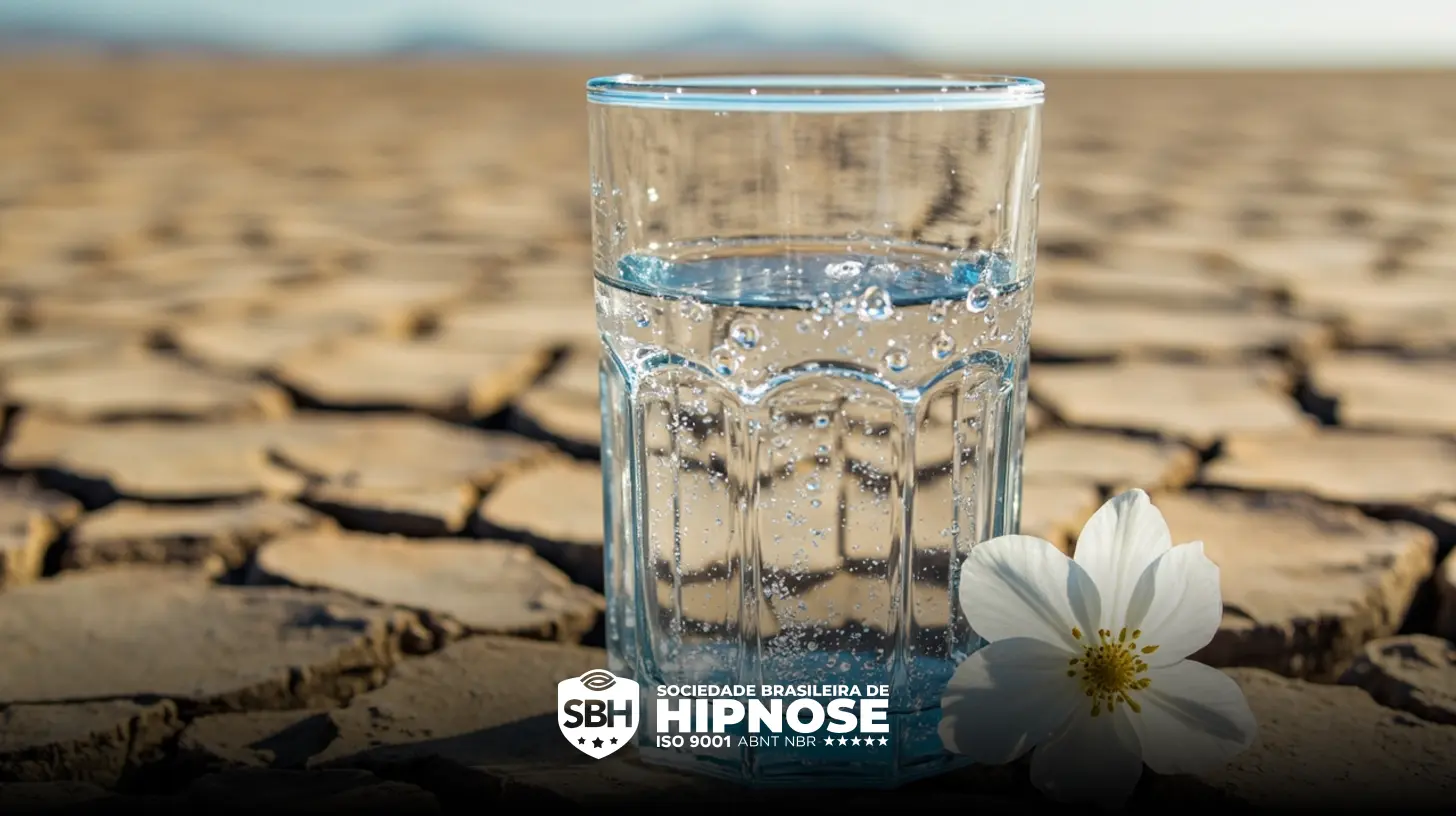 Um copo de água com bolhas está sobre a terra seca e rachada ao lado de uma flor branca, com o logotipo da Sociedade Brasileira de Hipnose na parte inferior.